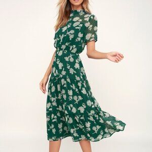 Lulus Floral Dressed Up Dark Green Floral Print Midi Dress - Size M